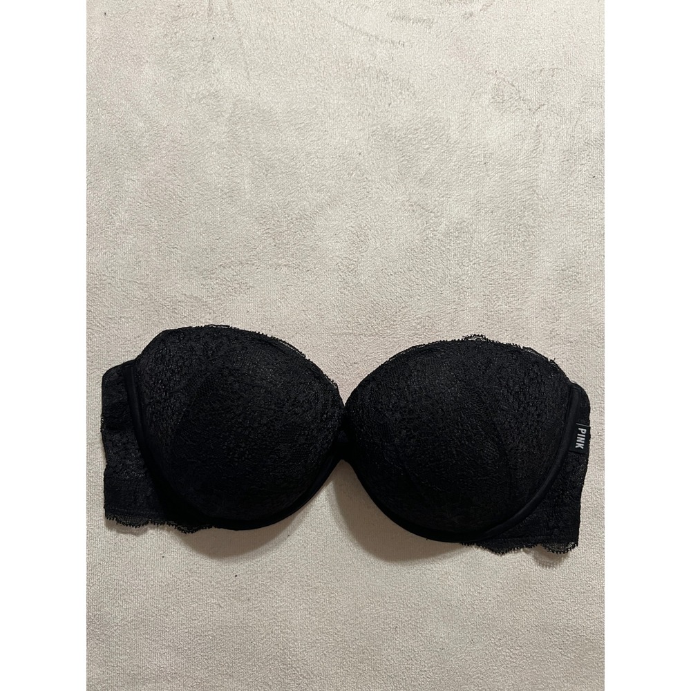 Pink Victoria's Secret Date Plunge Push Up Strapless Lace Bra Black 34C 1075